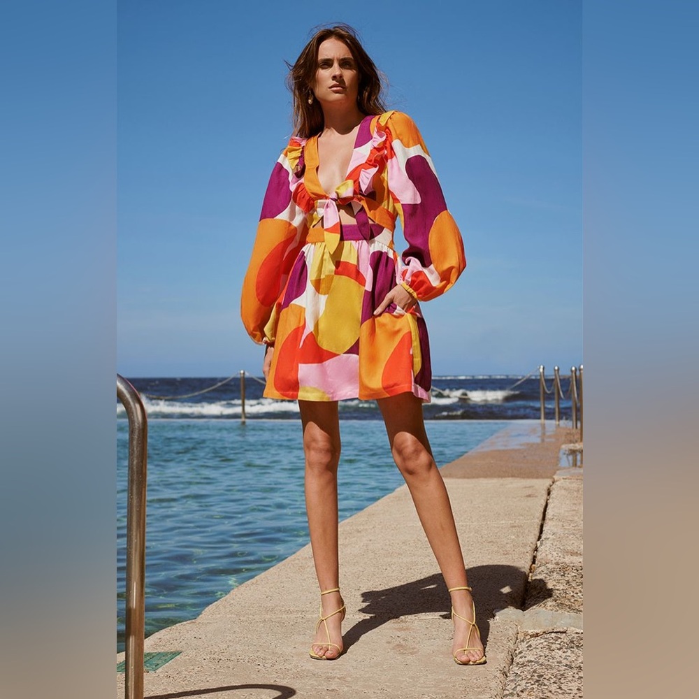REBECCA VALLANCE Del Rio Colorful Print Long-sleeve Mini Cutout Bow Dress - XS
